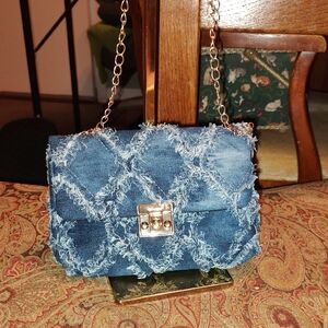 Denim Fashion Quilted Distressed Convertible Crossbody Bag  w/ Gold chain NWOT